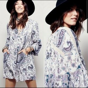 Free People "Rain or Shine"  boho lace up swing mini dress paisley print sz M